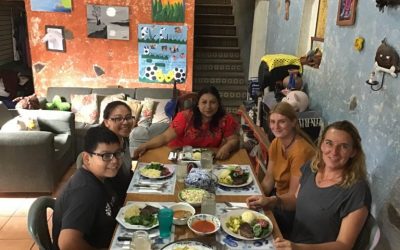 Great food and new friends at Antigua, Guatemala